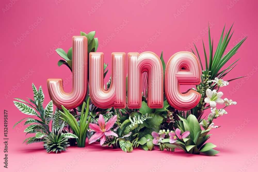 Bright letters spell June, surrounded by lush tropical plants and colorful flowers against a pink background, celebrating the arrival of summer with a cheerful vibe.