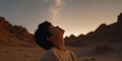 Wall Mural - Person Gazing at Night Sky and Desert Landscape