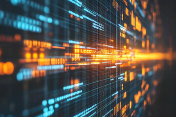 Abstract digital data stream orange blue technology background web code grid glow cyber light lines