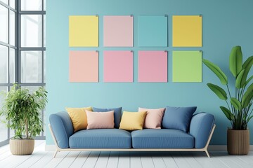 Wall Mural - Blank mock up wall of colorful sticky notes design - post it - for work memo reminders, business planning, memory wall, brain storming ideas or a fun card.