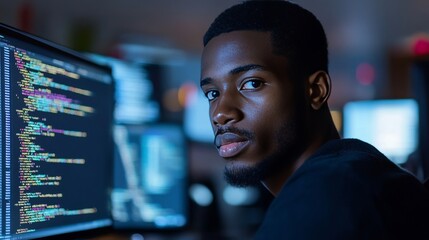 a focused programmer looking at the camera while working on the code. He is surrounded by multiple monitors, a modern office environment, and a calm attitude
