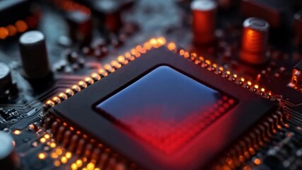 Aufkleber - A close-up view of a quantum chip illuminated by red lights, featuring a qubit array. This technology represents cutting-edge advancements in quantum computing and circuitry design.