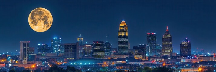 Poster - Nighttime cityscape with colorful skyline and bright moon in the background