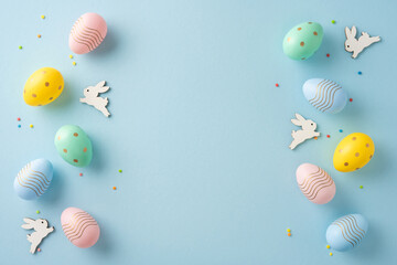 Wall Mural - decorative easter setup featuring pastel-colored eggs and bunny figures on a light blue surface