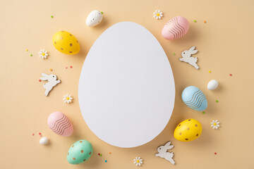 Wall Mural - easter-themed composition featuring a blank white egg surrounded by colorful decorations, bunnies, a
