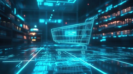 Aufkleber - Futuristic shopping cart floating in a digital space with glowing holographic interface features