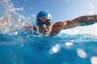 © Milos - A focused swimmer propels through a bright blue pool, creating splashes of water around them as they perform a stroke, showcasing energy and determination in sport.