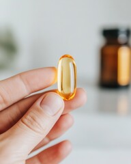 Poster - Mindful Nutrition Moment Golden Omega-3 Supplement Capsule in Soft Minimalist Light - Wellness-Focused Self-Care for Modern Health Optimization
