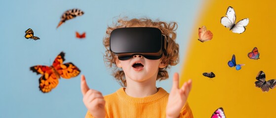 Aufkleber - Immersive Learning Revolution Gen Z Child Exploring Mixed Reality with Vibrant Digital Butterflies - Innovative EdTech Imagination and Playful Interactive Education