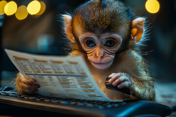 Wall Mural - monkey operating computer mouse navigating spreadsheet filled with data points in tech startup envir