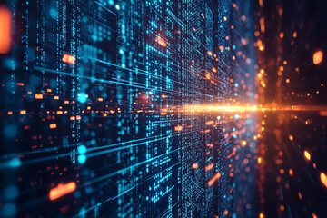 Abstract digital data stream background blue orange technology web code cyber lines future binary