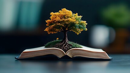 Antique open book with a majestic oak tree growing from its pages symbolizing the power of knowledge to nurture life intricate leaf and branch details aging parchment texture