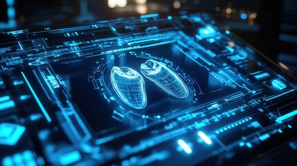 Leinwandbilder - Modern holographic interface showing a 3D rotating dental implant with futuristic designs and scanning effects in a digital environment