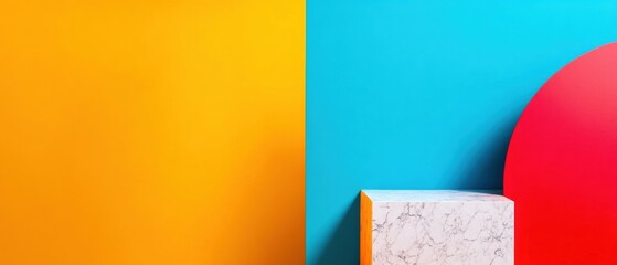 Poster - Bold Geometric Minimalism Marble Podium in Vibrant Pop Art Color Block Setting - Contemporary Design Staging for Premium Product Visualization
