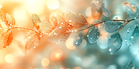 Wall Mural - Leafy branch with a blue and orange background. The leaves are wet and shiny. The background is a mix of blue and orange, creating a vibrant and lively atmosphere
