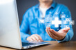 © death_rip - person interacts with a glowing digital healthcare interface, featuring medical icons, stethoscope, heart monitor, and prescription, symbol telemedicine, digital health, and medical innovation.