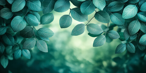Wall Mural - leafy green background with a few leaves in the foreground. the leaves are covered in a light mist, 