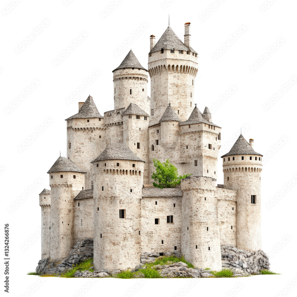 Majestic castle perched on a small island surrounded by calm waters under a clear blue sky and bright sunlight isolated on a white background.