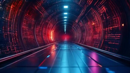 Fototapete - A sleek corridor filled with dynamic lighting creates an immersive experience in a quantum technology environment. The blend of blue and red lights highlights the futuristic architecture.