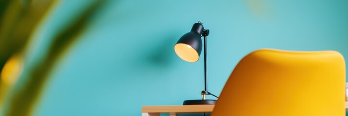 Poster - Minimalist Ergonomic Workspace Vibrant Mustard Chair and Modern Task Lamp - Productivity Design for Digital Professionals Seeking Comfort and Style in Remote Work Era