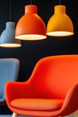 Poster - Bold Chromatic Design Vibrant Mid-Century Modern Lounge Chair with Pendant Lighting - Contemporary Workspace Aesthetic for Creative Professionals