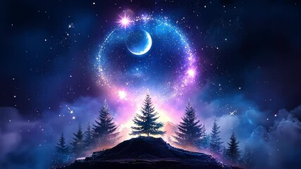 Wall Mural - enchanted night sky over a mystical forest landscape
