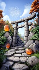 Wall Mural - Serene pathway with a stone torii gate, surrounded by lush greenery and glowing pumpkins, set against a bright sky with fireworks in the background. wonder curiosity celebration concept