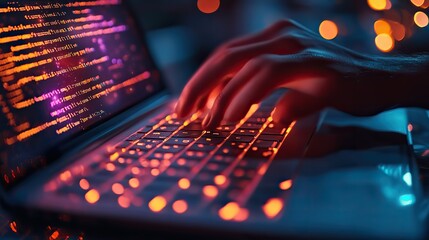 In a low-light setting, a developer's hands type code on a black laptop screen, ideal for software development content.