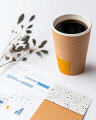 Poster - Minimalist Workspace Essentials Eco-Friendly Coffee Cup and Data Visualization in Modern Sustainable Design - Productivity and Remote Work Aesthetic