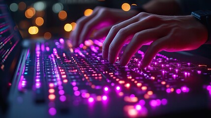 Innovation in software development is emphasized by a close up of hands typing code on a purple lit laptop.