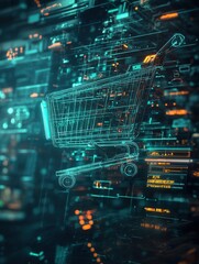 Leinwandbilder - Futuristic shopping cart hovers in a digital space with glowing holographic user interface and cyberpunk blue-green lighting