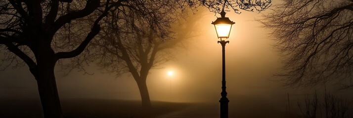 Poster - Misty forest at twilight with eerie fog and glowing street lamp illuminating twisted trees