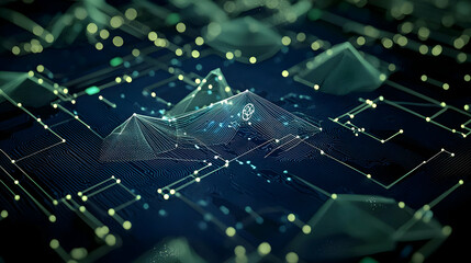 Abstract Blue And Green Digital Landscape With Circuit Board Lines And Dot Data Visualization
