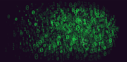 Vector digital binary code background with glowing green numbers. Floating 0s and 1s cyber, futuristic data stream effect, technology backdrop.