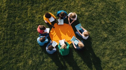Aufkleber - Inclusive Learning Revolution Aerial View of Diverse Gen Z Students Collaborative Outdoor Study Circle - Empowering Educational Innovation and Community Engagement
