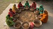 © KingWhite - Women working together harvesting brown nuts in baskets rural setting asia food crop seeds labor