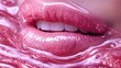 © Sang - Smiling female lips close-up pink gloss, white teeth. Cosmetology & oral wellness beauty.