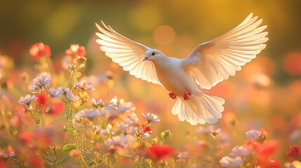 Wall Mural - white dove soaring above blooming meadow, wings glowing in morning light. serene atmosphere enhanced