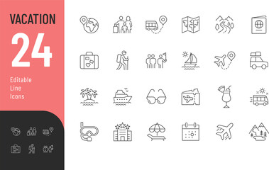 vacation line editable icons set. vector illustration in modern thin line style of travel related ic