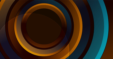 Poster - dark blue and orange geometric tech background with abstract glossy circles. vector design