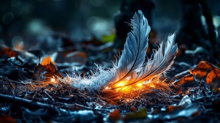 Aufkleber - Glowing fallen feathers among leaves forest nature photography mystical environment close-up symbolic beauty