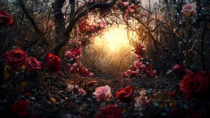 Poster - Enchanting floral archway at sunset nature scene dreamy atmosphere outdoor setting serene viewpoint