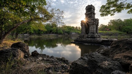 Wall Mural - phra aphai mani temple reflects peace at scenic lake thailand photography serene environment sunset 