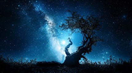 Aufkleber - Nighttime cosmic landscape enchanted forest digital art starry sky low angle mystical nature scene