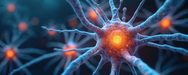Poster - Close-up of neuron cell with fractal light, glowing plasma sphere in human body. Blue, orange colors. Futuristic tech asset for medical, science projects, presentations, wallpapers. Nerve cell model