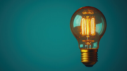 Leinwandbilder - vintage light bulb glowing against teal background, showcasing its warm filament and unique design. This minimalist image evokes sense of nostalgia and creativity