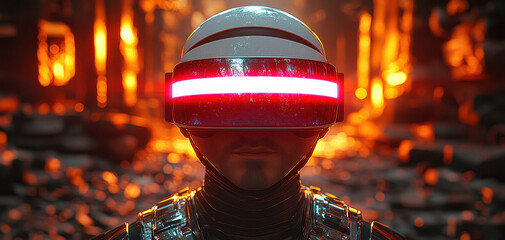 Aufkleber - futuristic man wearing VR headset stands in glowing environment, showcasing advanced technology and sci fi aesthetic. scene evokes sense of immersion and innovation