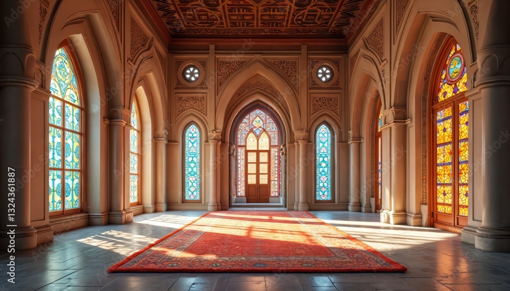Ornate mosque interior with colorful stained glass windows. Persian ...