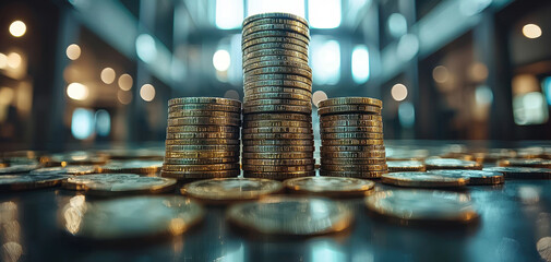 Poster - clear photo realistic image of stacked coins representing wealth and finance, with blurred background creating sense of depth and focus on coins