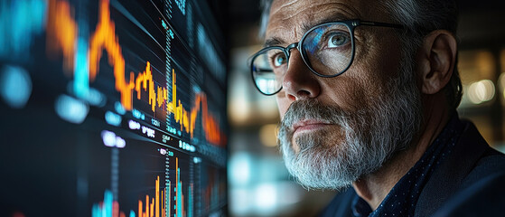 Leinwandbilder - focused analyst examines financial data on digital screen, showcasing graphs and trends. image captures intensity of market analysis and decision making